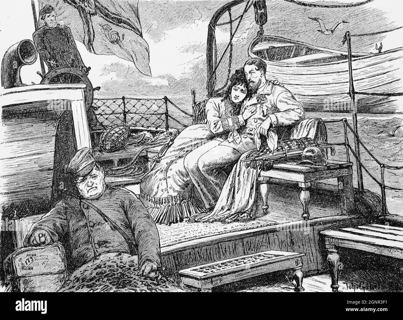 Seekrankheit der Passagiere an Bord eines Schiffes, Ostfriesland, Niedersachsen, Norddeutschland, historische Abbildung 1880, Stockfoto