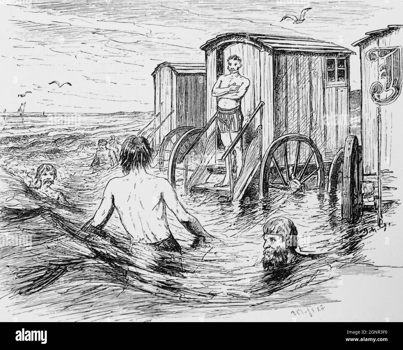 Badespaß in der Nordsee auf der ostfriesischen Insel Borkum, Ostfriesland, Niedersachsen, Norddeutschland, historische Abbildung 1880, Stockfoto