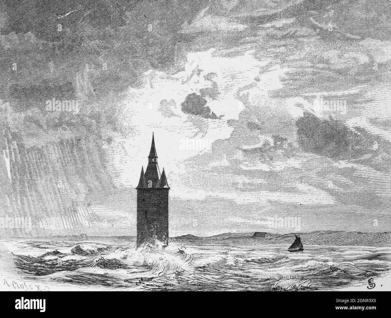 Der Kirchturm der ostfriesischen Insel Wangerooge versunken in den Überschwemmungen, Ostfriesland, Niedersachsen, Norddeutschland, historische Abbildung 1880, Stockfoto