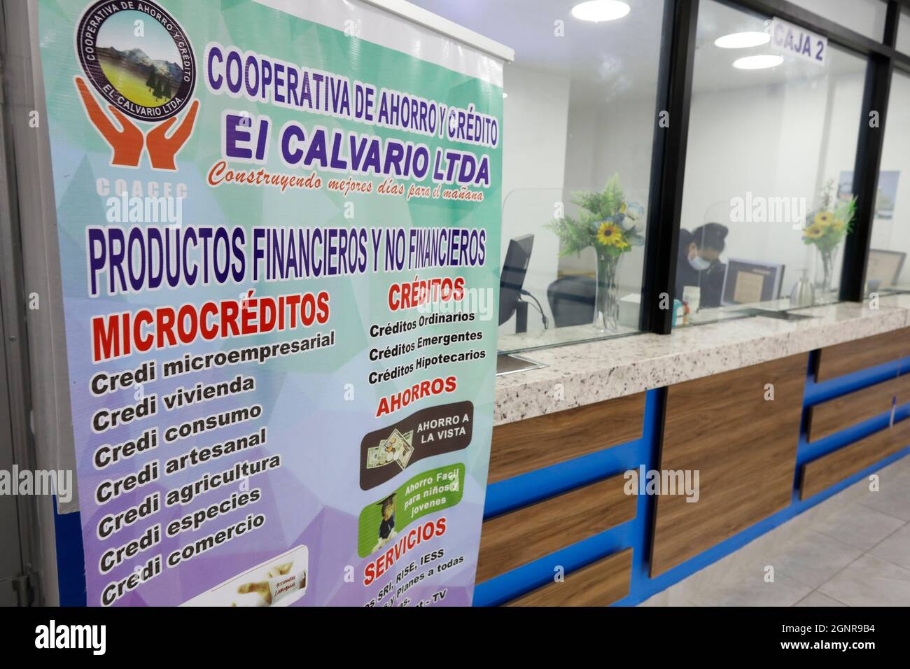 Banco Desarrollo Mikrofinanzinstitut. Agentur in El Calvario, Ecuador Stockfoto
