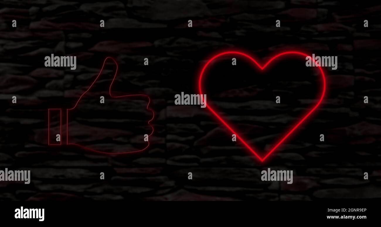 Bild von roten Neon Daumen nach oben Daumen nach unten Herz und Wolke Symbole blinken auf schwarzem Hintergrund Stockfoto