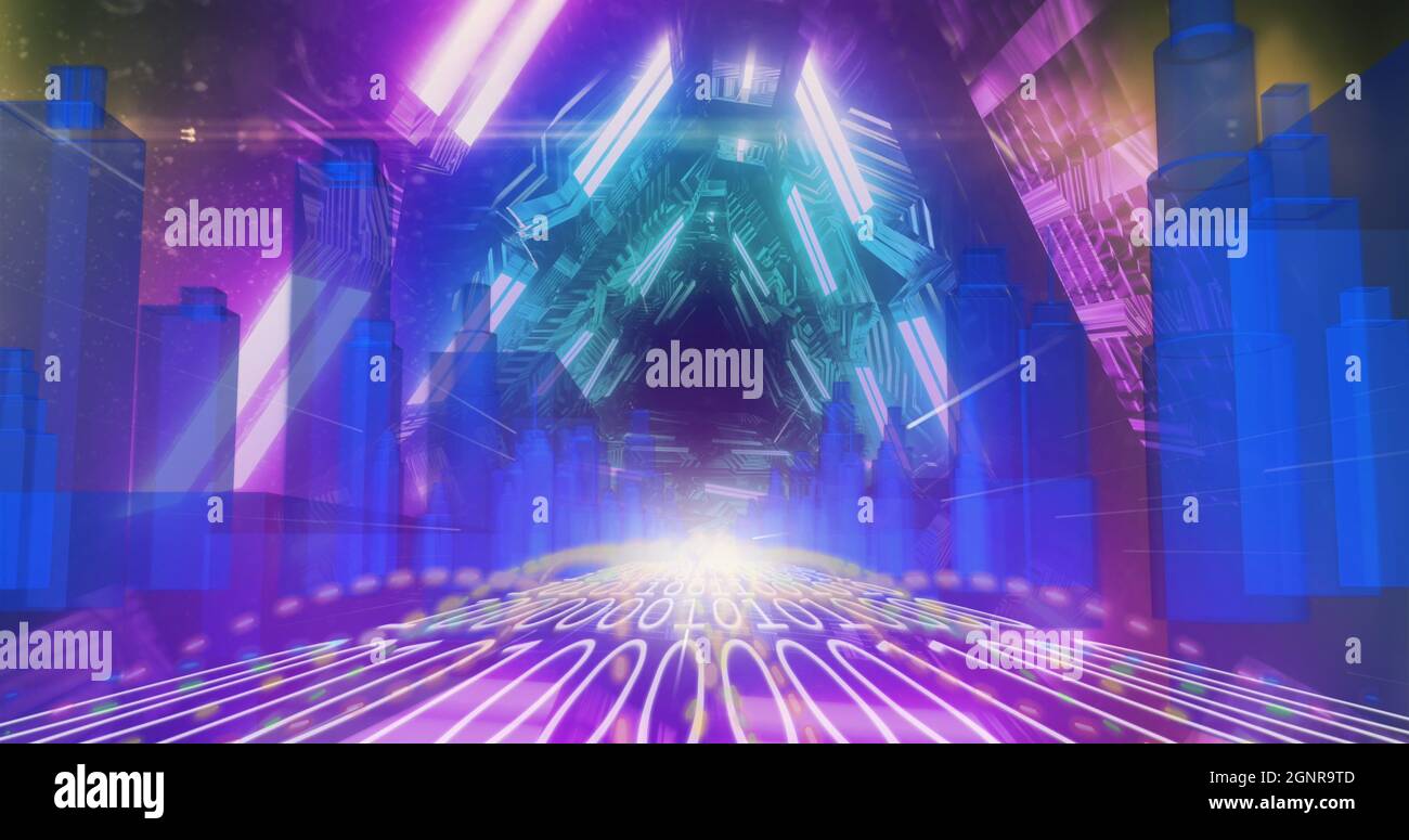 3D-Stadtmodell über binäre Codierung gegen glühenden Tunnel Stockfoto