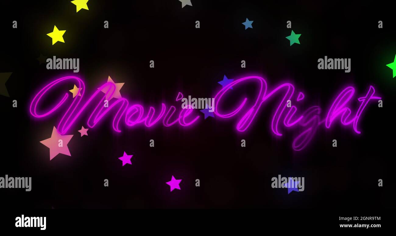Digital generiertes Bild von Film Night Neon Text und mehrfarbigen Sternen bewegen sich gegen schwarzen Rücken Stockfoto