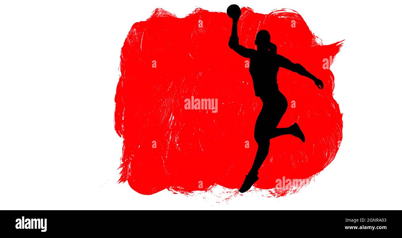 Silhouette der weiblichen Handballspielerin gegen rote Pinselstriche auf weißem Hintergrund Stockfoto