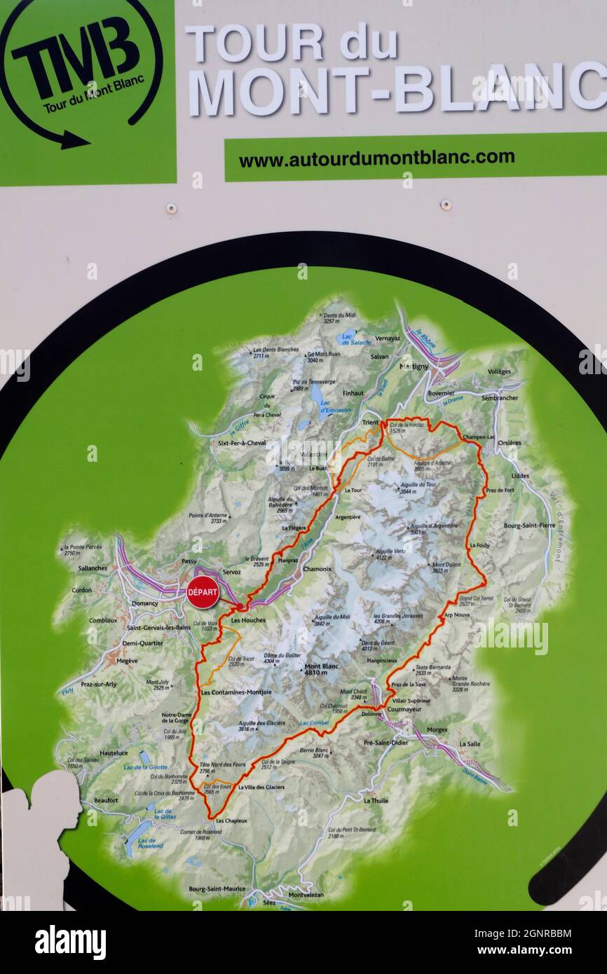 TMB Tour du Mont Blanc. Karte. Les Houches. Frankreich. Stockfoto