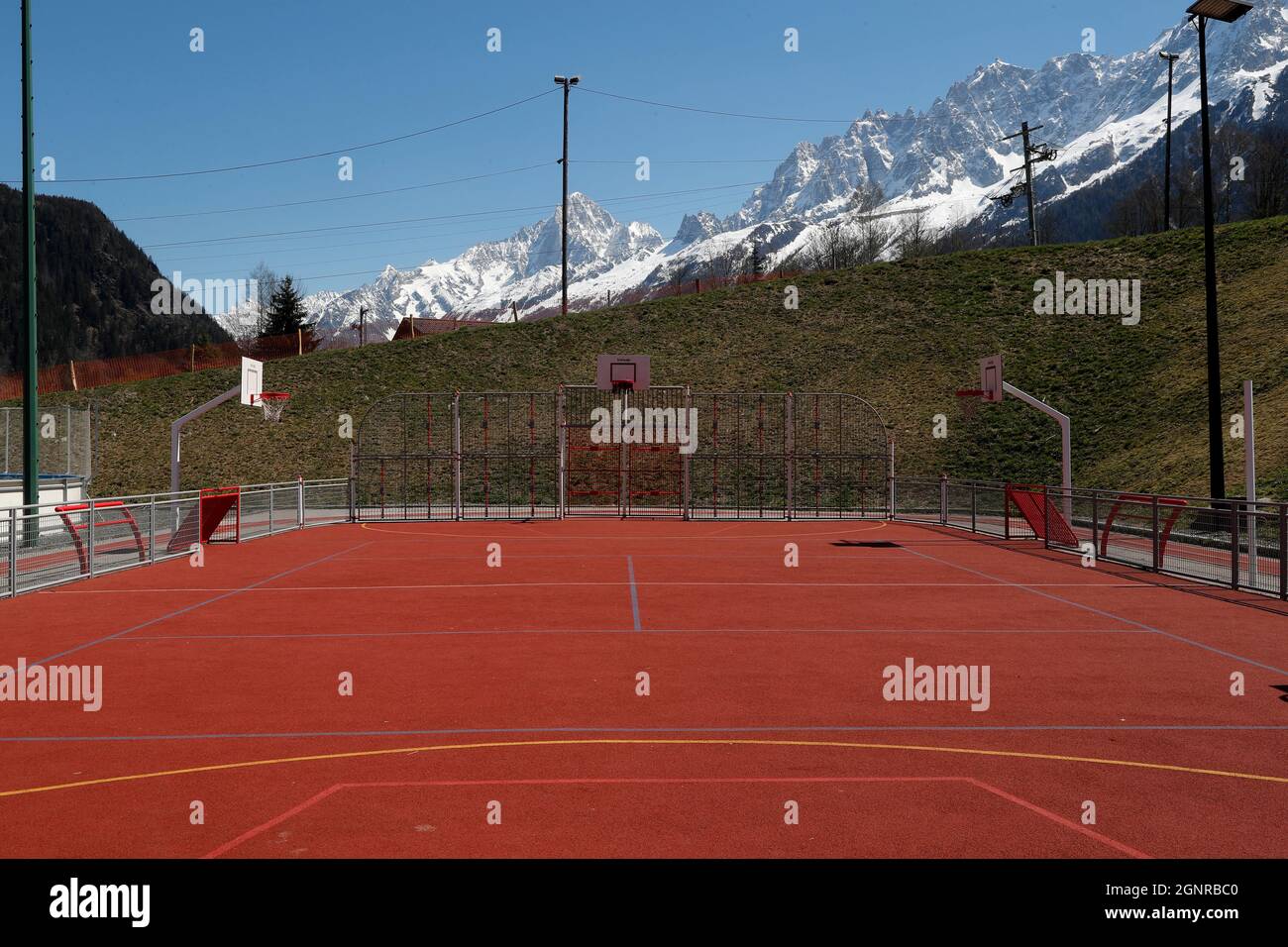Sport. Korbplatz in den französischen Alpen. Les Houches. Frankreich. Stockfoto