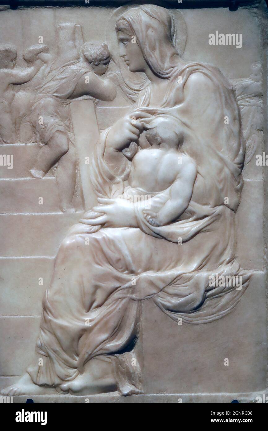 Madonna der Treppe. Marmor, 1490. Michelangelo Buonarroti. Genua. Italien. Stockfoto