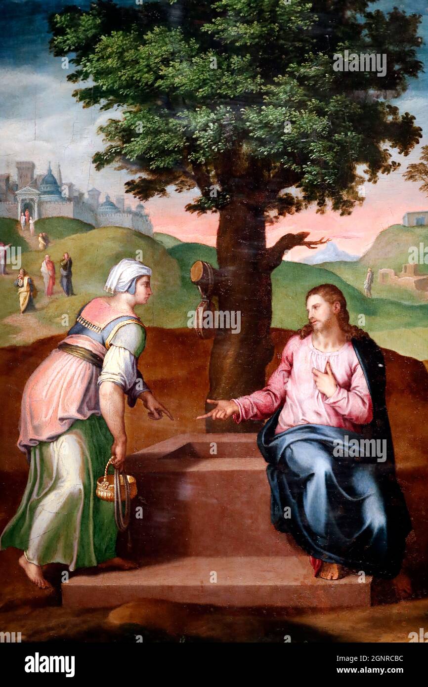 Christus und die samaritische Frau am Brunnen. Zweite Hälfte des 16. Jahrhunderts. Anonym. Genua. Italien. Stockfoto