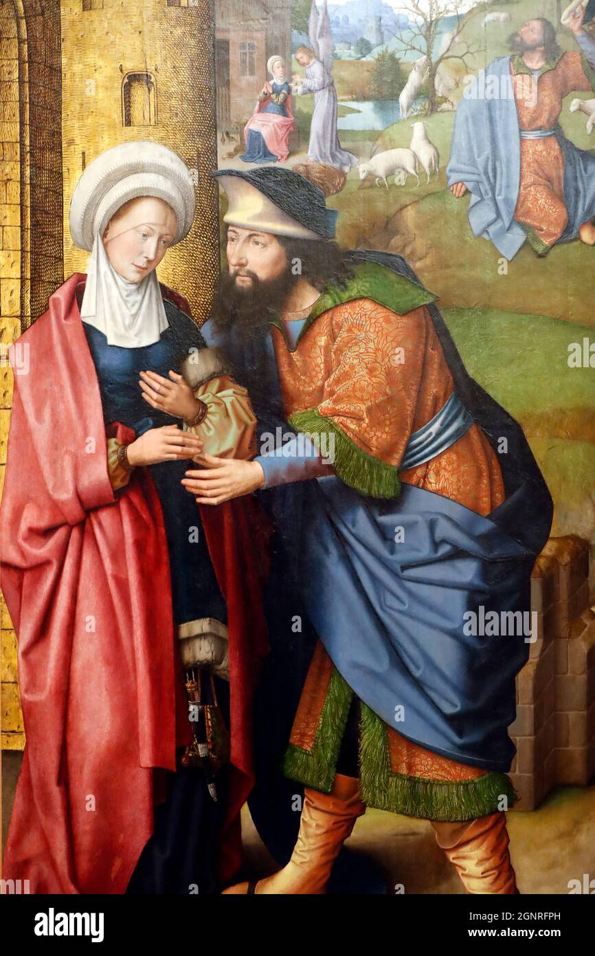 Evora Museum. Meister des Evora-Altars. Das Treffen von Joachim und Anna vor dem Goldenen Tor. Öl auf Platten. Flamische Schule 1500. Portugal. Stockfoto