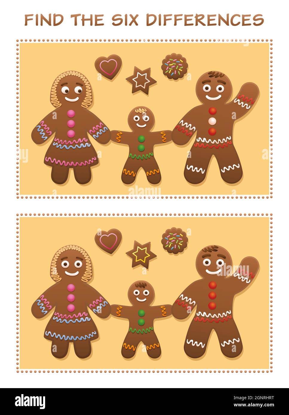 Finden Sie die sechs Unterschiede. Lebkuchen Familie und Cookies - niedlich und süß weihnachten Puzzle Spaß. Stockfoto