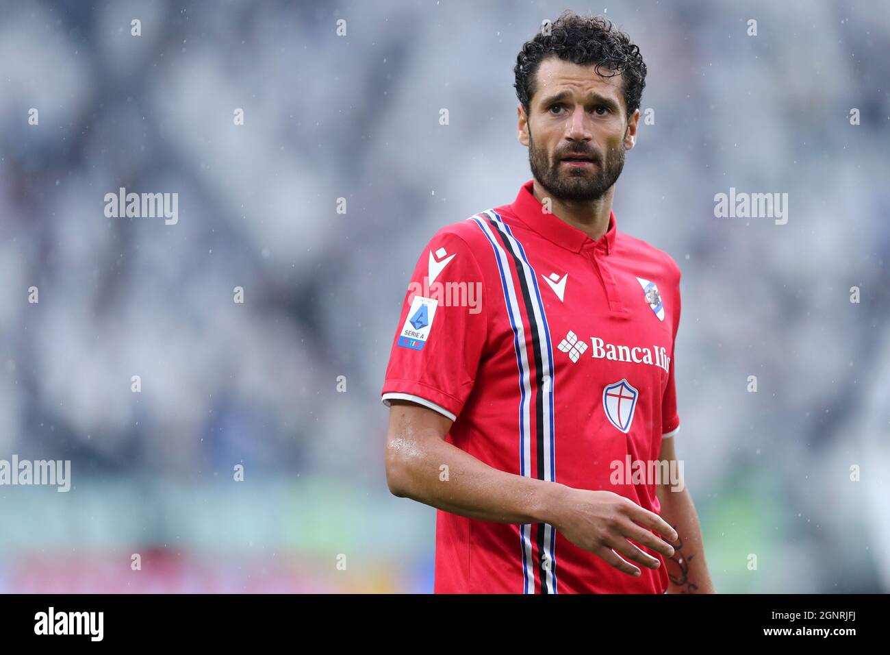 Antonio Candreva von UC Sampdoria sieht während des Serie-A-Spiels zwischen Juventus FC und UC Sampdoria aus. Stockfoto