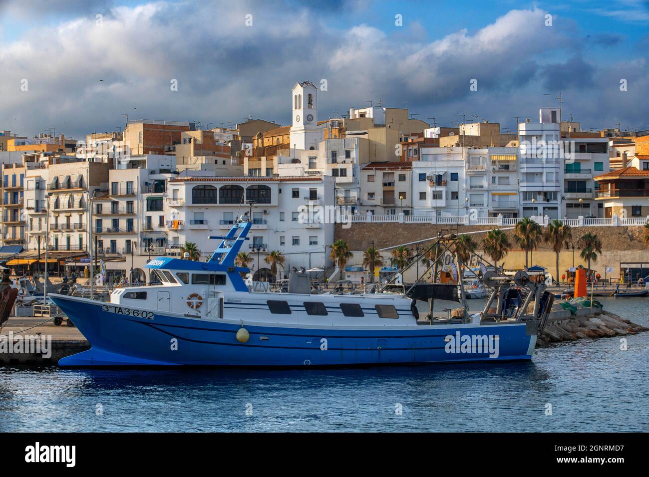 Blick vom Hafen in L'Ametlla de Mar, Provinz Costa daurada Tarragona, Katalonien, Spanien Stockfoto