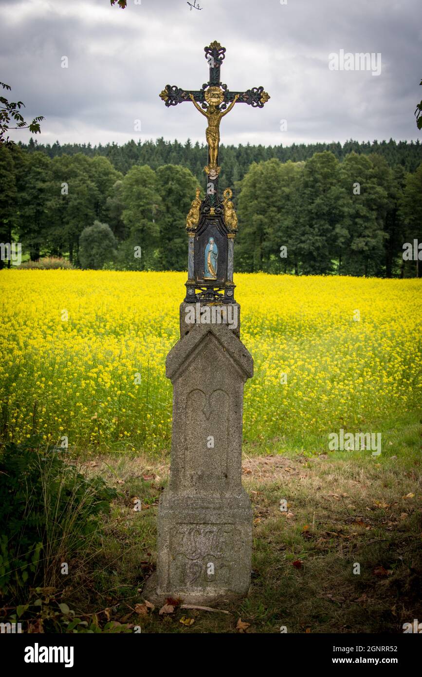 Am Wegesrand überqueren Sie den Wanderweg GOLDSTEIG im Stadtteil Oberpfalz Stockfoto