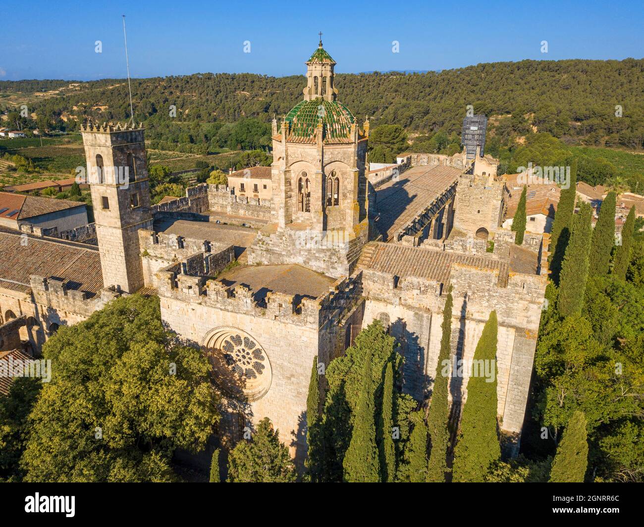 Luftaufnahme des Klosters von Monestir de Santa Maria de Santes Creus, Zisterzienserabtei, Kloster, Kirche, Santes Creus, Aiguamurcia Tarragona, Cataloni Stockfoto