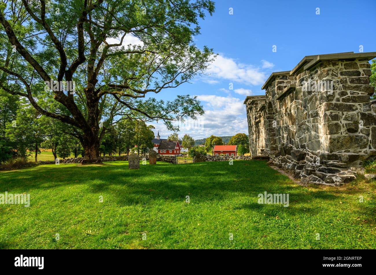 Die Holla Kirchenruine in Ulefoss, Kreis Telemark, Norwegen, stammt aus dem 11. Jahrhundert und liegt auf hohem Boden in idyllischer ländlicher Landschaft. Stockfoto