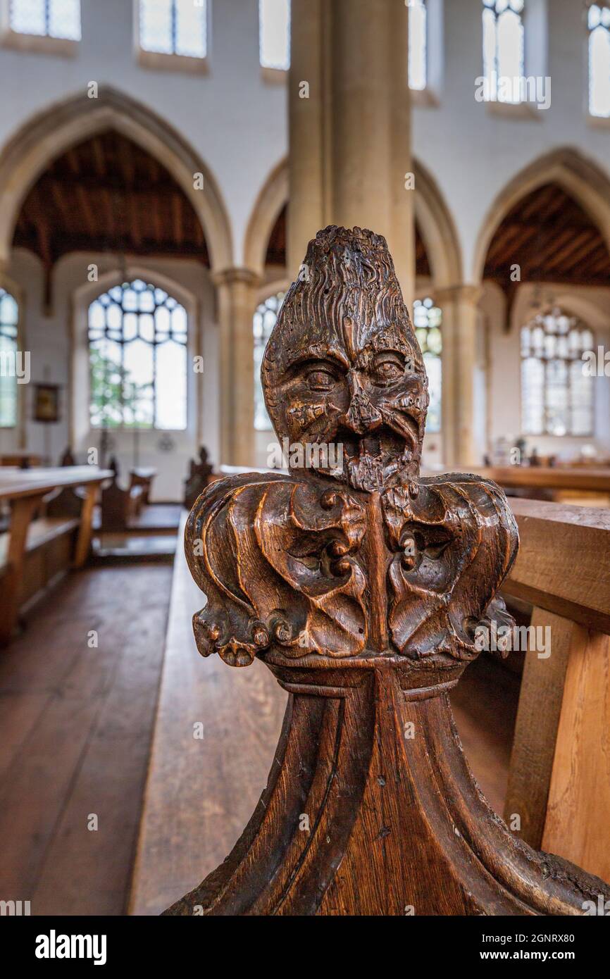 Ein geschnitzter Kopf aus Mohnbänken, der eine der „Sieben Todsünden“ in der Holy Trinty Church, Blythburgh, Suffolk, England, darstellt Stockfoto