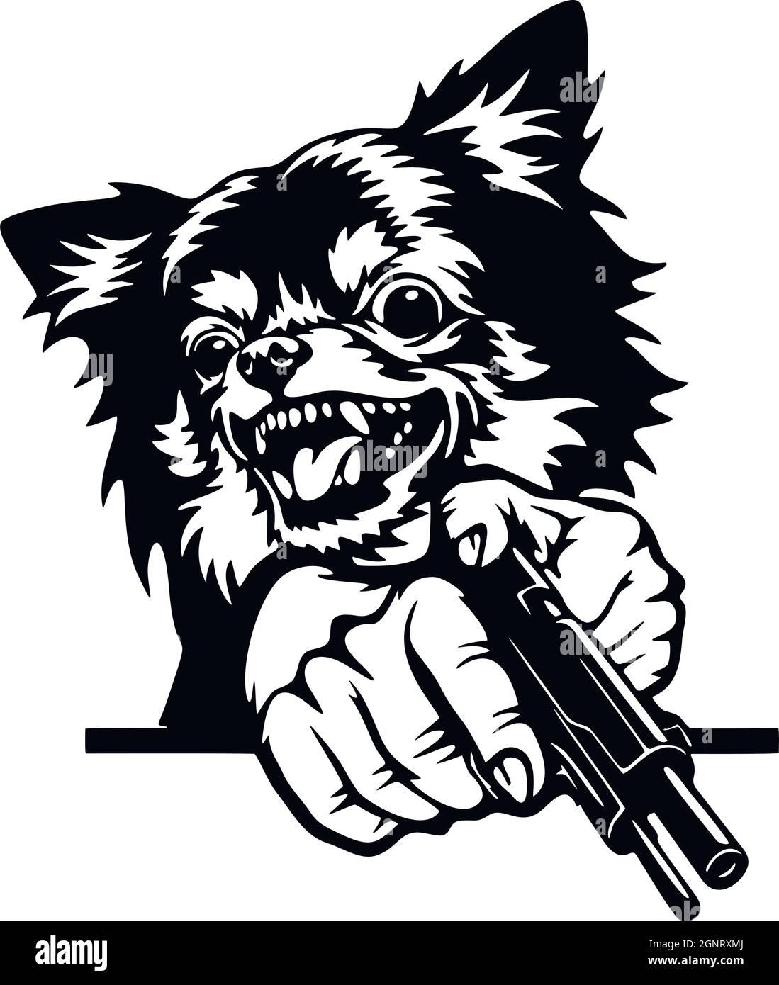 Angry Chihuahua - schlechter Hund mit Waffe - Vektor-Schablone. Kopf des Hundes mit Waffe isoliert auf weiß Stock Vektor