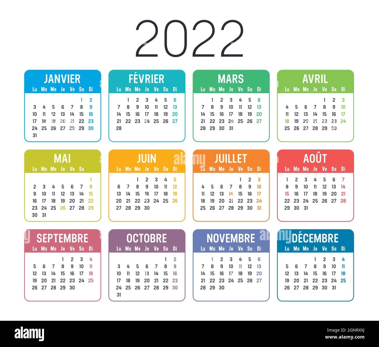 Farbenfroher Jahreskalender 2022, in französischer Sprache, isoliert auf weißem Hintergrund. Vektorvorlage. Stock Vektor