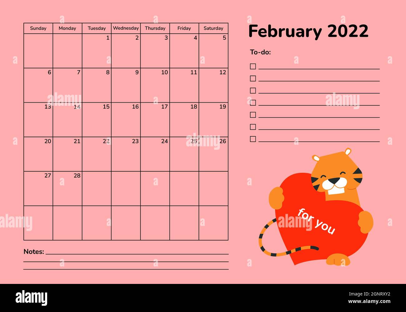 Horizontaler Planer 2022 mit Tiger. Kalenderseite Februar. Vektorvorlage für Organizer Scheduler. Wandschreibtisch Firmenkalender. Die Woche beginnt am Stock Vektor