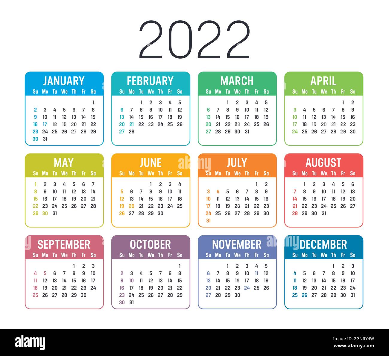 Farbenfroher Jahreskalender 2022, isoliert auf weißem Hintergrund. Vektorvorlage. Stock Vektor