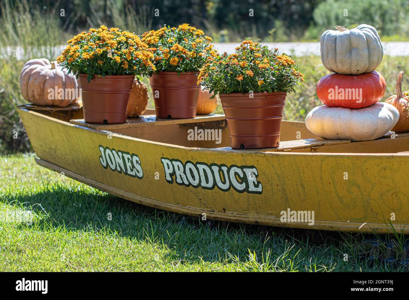 Georgiana, Alabama, USA - 24. September 2021: Das alte jon-Boot wurde bemalt und dekoriert, um für Jones Produce Stand nahe der Interstate in Georgiana zu werben. Stockfoto