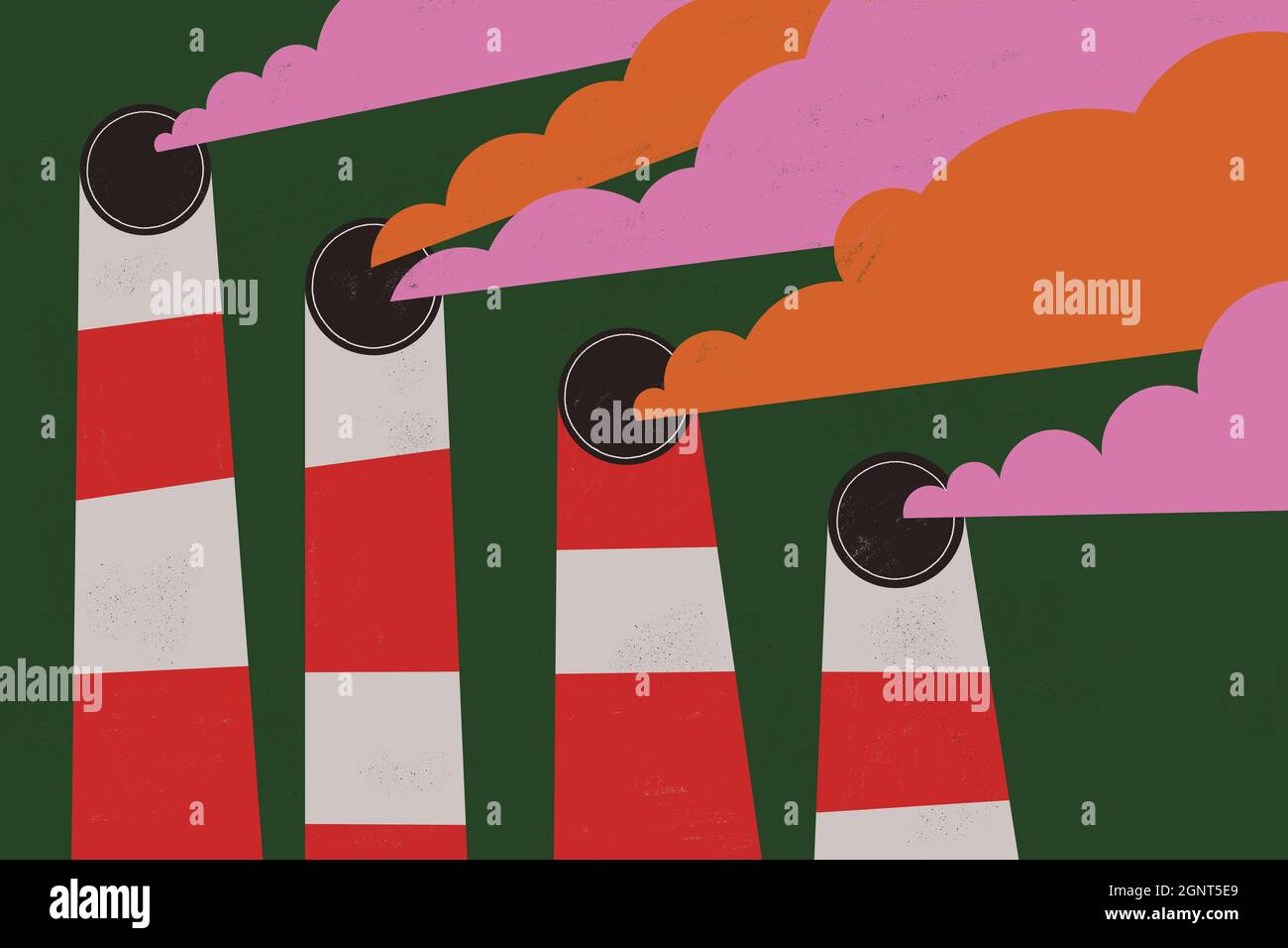 Treibhauseffekt und Luftverschmutzung durch Industriekamine, die die Umwelt mit giftigen und schmutzigen Smog-Emissionen verschmutzen. Stockfoto