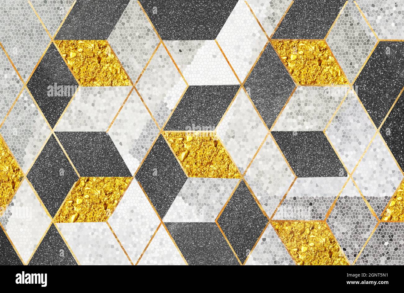 3d abstrakte Tapete. Geometrische schwarze und goldene Würfel in Mosaik-Hintergrund. Für Wand zu Hause dekorativ Stockfoto