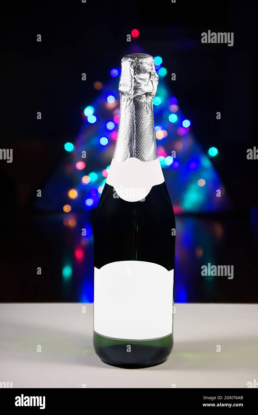 Champagnerflasche mit schwarzem Hintergrund und Lichtern auf dem Weihnachtsbaum. Stockfoto