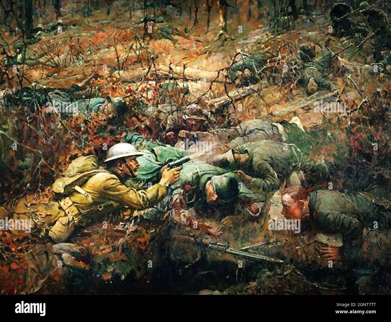 ALVIN YORK (1887-1964) einer der am meisten dekorierten amerikanischen Soldaten des Ersten Weltkriegs. Das Gemälde von Frank Schoonover aus dem Jahr 1919, das York in seiner Aktion „Ehrenmedaille“ am 8. Oktober 1918 während der Maas-Argonne-Offensive zeigt. Stockfoto