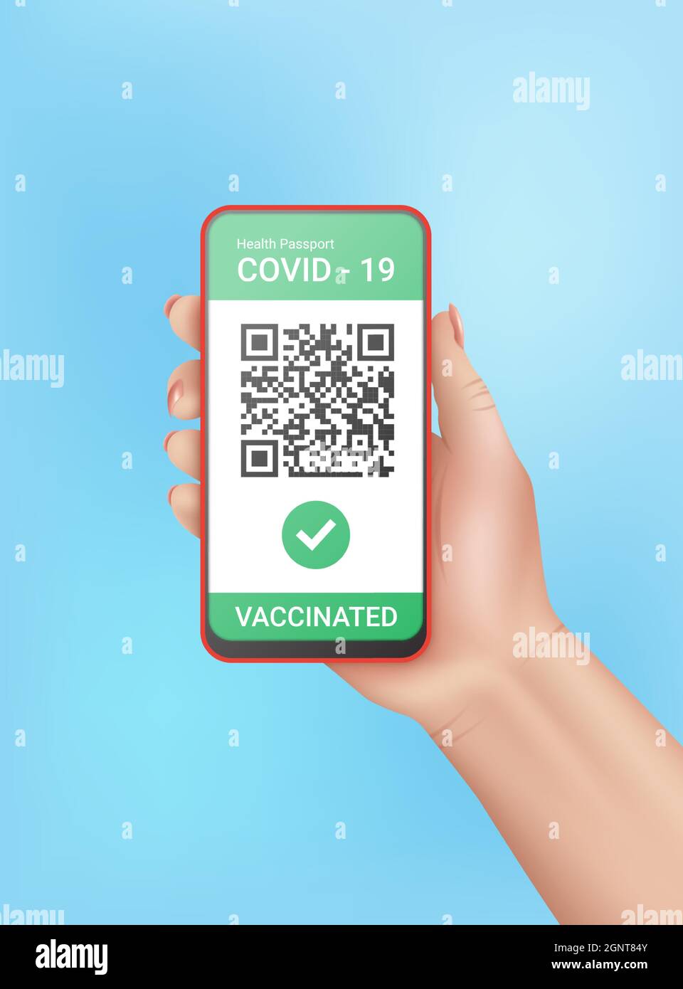 Hand hält Handy mit digitalen Gesundheitspass App für Reisen während covid-19 Pandemie. Grüne Zertifikat Vektor-Illustration Stock Vektor