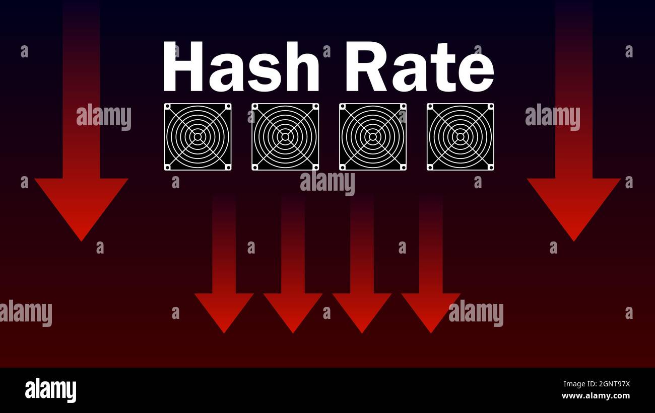 Hash-Rate fiel rot nach unten Pfeil. Die Bergbauleistung ist gesunken. Banner für Nachrichten. Vektorgrafik. Stock Vektor