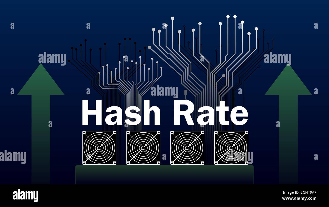 Erhöhung der Hash-Rate des Blockchain-Netzwerks. Kryptowährungs-Mining-Geräte mit grünen Pfeilen und Leiterplattenspuren im Aufwärtstrend. Die Rechenleistung ist gewachsen. Ve Stock Vektor