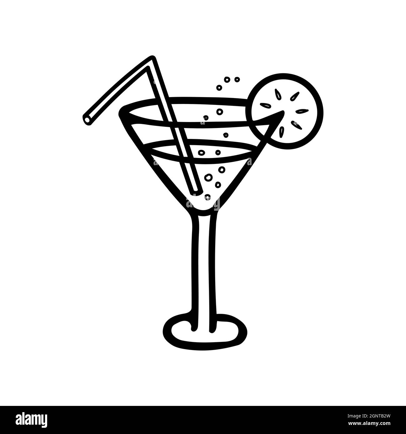 Vektordarstellung eines Glases mit einem Cocktail, Blasen und einer Scheibe Zitrone, einem Stroh. Symbol. Stock Vektor