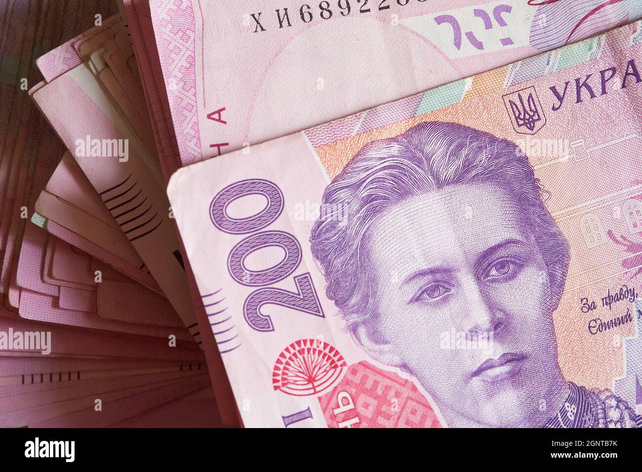 Ein Haufen Banknoten mit einem Nennwert von zweihundert Griwna. Ukrainisches Geld. Stockfoto