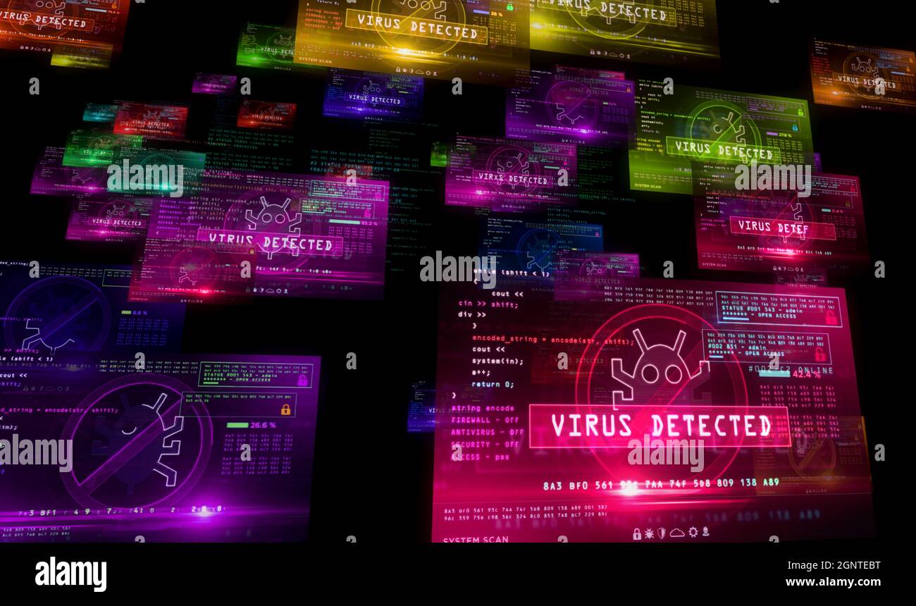 Warnung „Virus entdeckt“ auf Computerbildschirmen. Globaler Angriff, Cyber-Sicherheitsverletzung Warnung mit Wurm-Symbol, Systemschutz 3d abstraktes Konzept illustrr Stockfoto