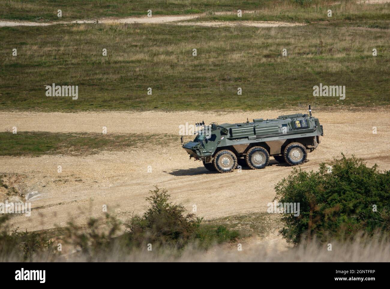 Britische Armee Patria Pasi Fuchs (Falcon Squadron) NBC Aufklärungsfahrzeug 6x6 gepanzert auf einer Militärübung, Wiltshire UK Stockfoto