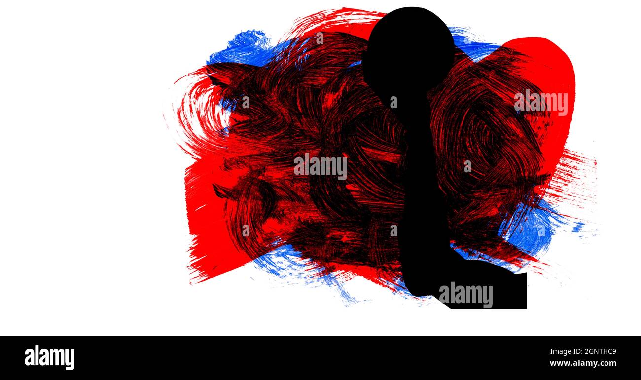 Mittelteil der Silhouette der weiblichen Handballspielerin gegen rote, blaue und schwarze Pinselstriche Stockfoto