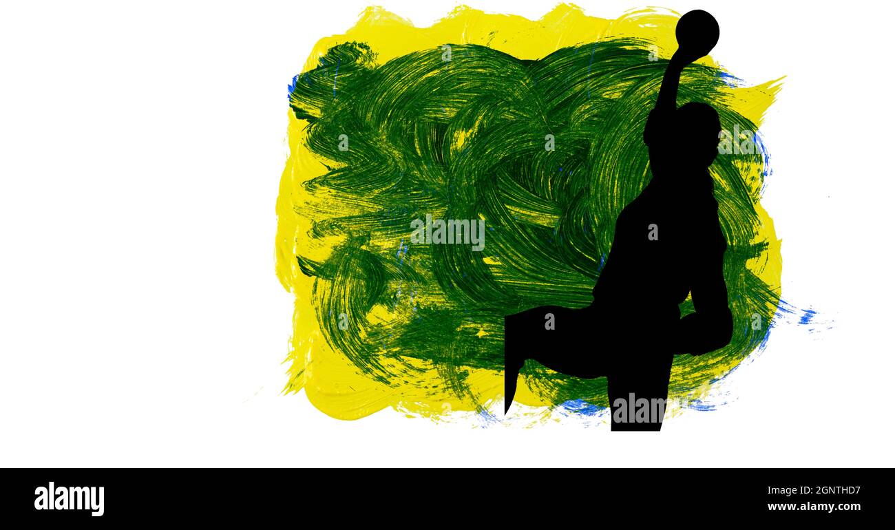 Silhouette der weiblichen Handballspielerin gegen gelbe, blaue und grüne Pinselstriche Stockfoto