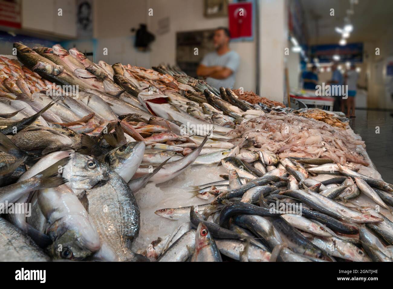 Frischfischmarkt mit verschwommenem Verkäufer Mann, Türkei Stockfoto