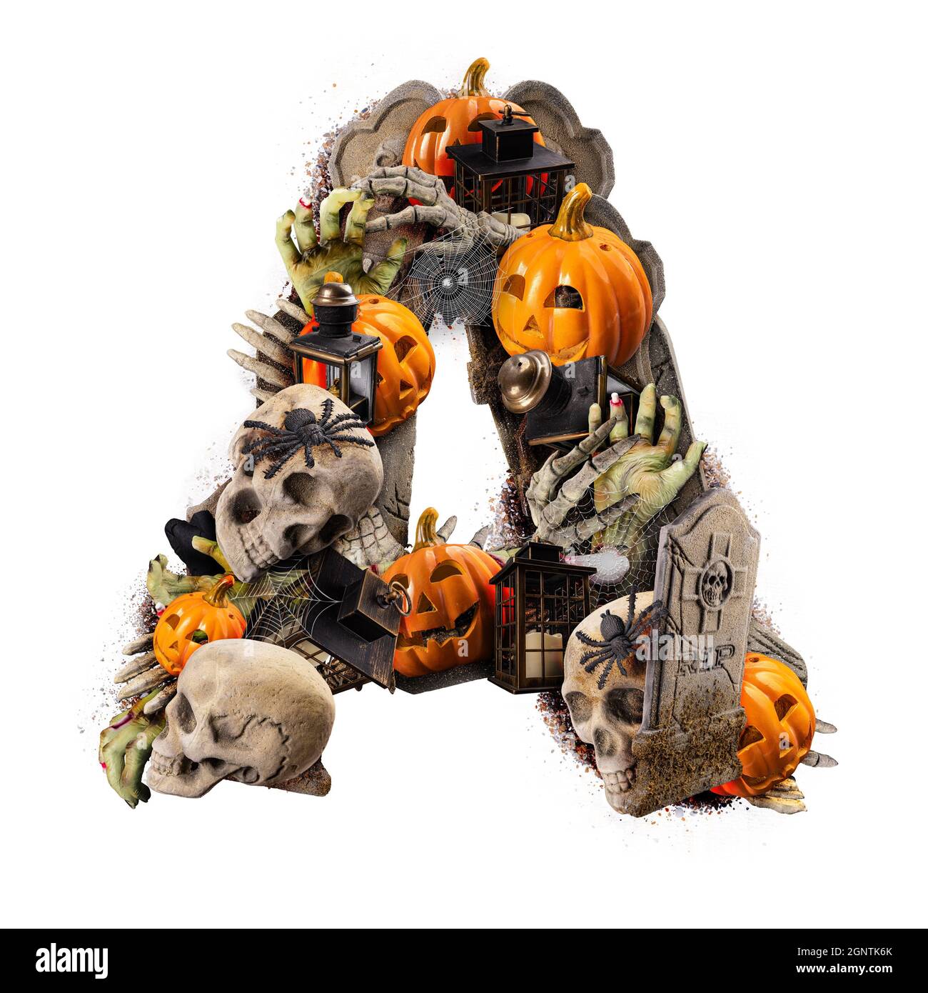 Buchstabe Ein aus Vielfalt Halloween-Objekte isoliert auf weißem Hintergrund Stockfoto