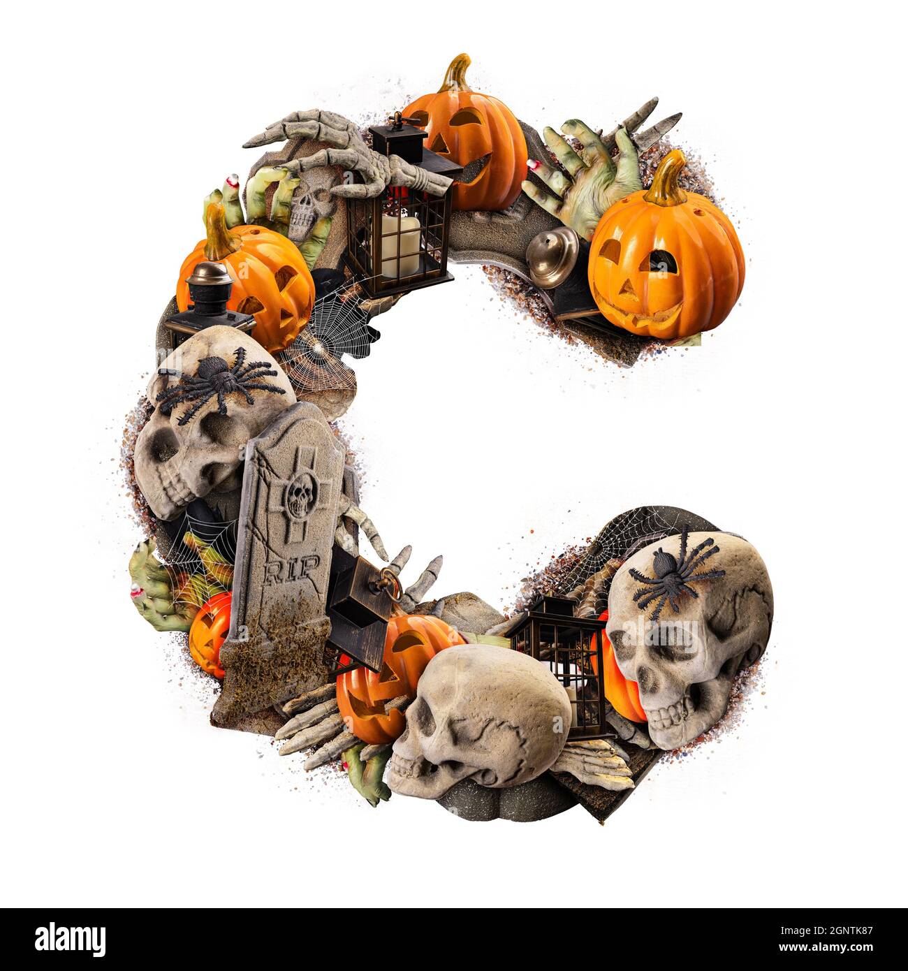 Buchstabe C aus verschiedenen Halloween-Objekte isoliert auf weißem Hintergrund Stockfoto