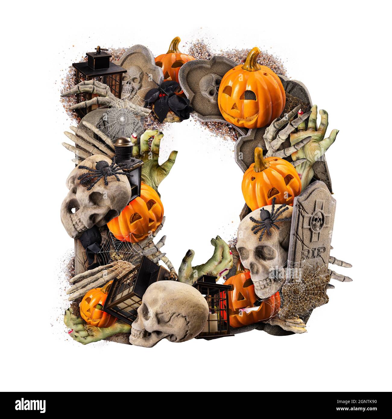 Buchstabe D aus verschiedenen Halloween-Objekte isoliert auf weißem Hintergrund Stockfoto