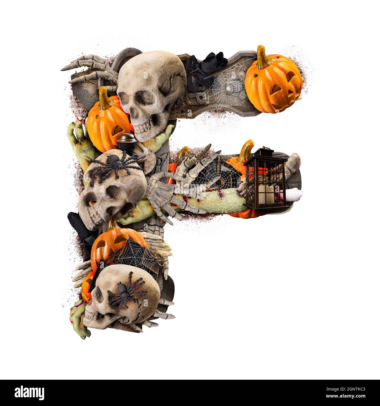 Buchstabe F aus verschiedenen Halloween-Objekte isoliert auf weißem Hintergrund Stockfoto