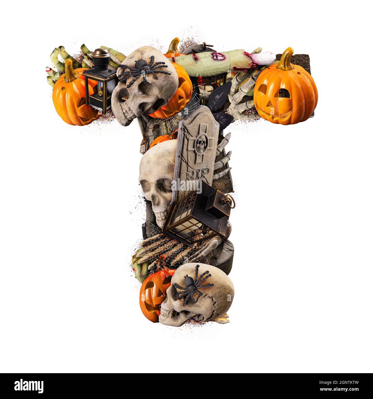 Buchstabe T aus verschiedenen Halloween-Objekten Stockfoto