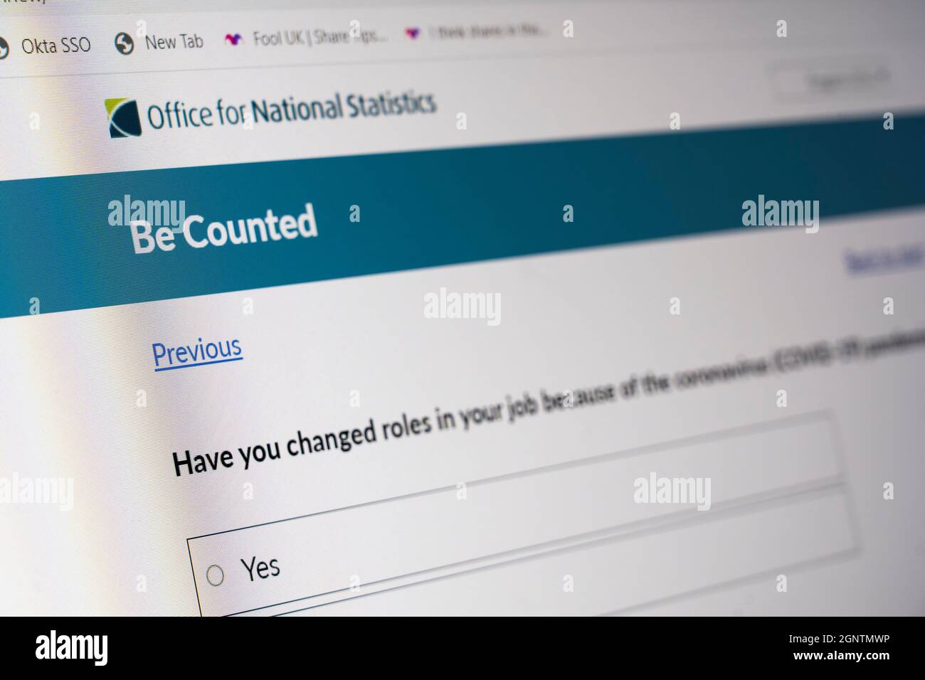 Die Website für eine allgemeine Online-Umfrage im Jahr 2021 für das Office for National Statistics, eine britische Regierungsbehörde Stockfoto