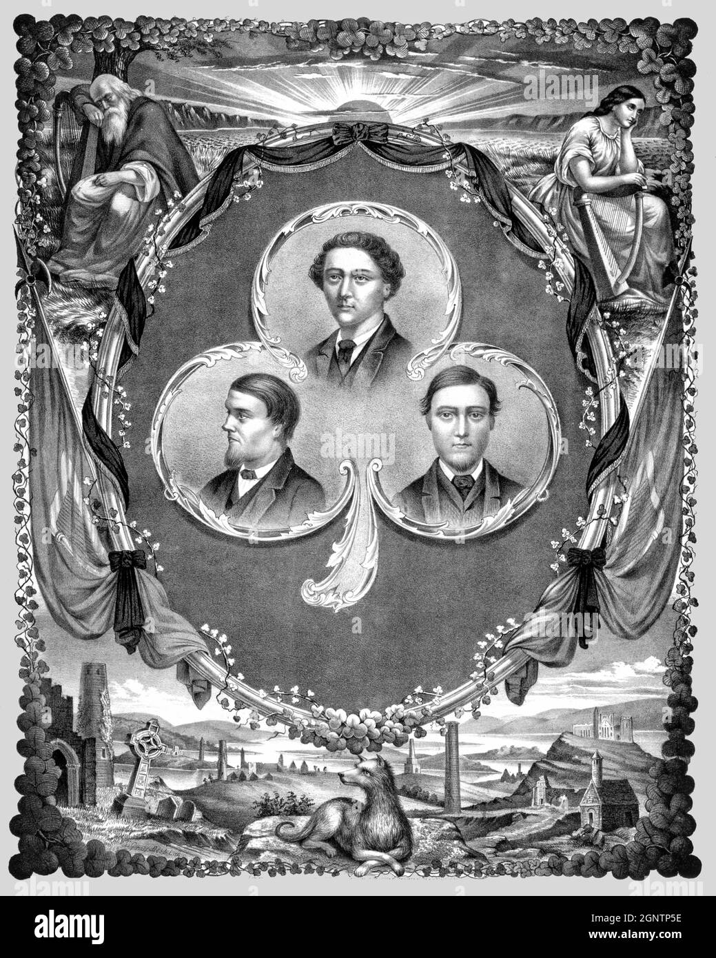 Die Druckansicht zeigt Büstenporträts der 'Märtyrer aus Manchester', Michael Larkin, William Allen und William O'Brien in einem Kleeblatt auf einem Schild mit allegorischer Szene oben und einem irischen Wolfhound, der einen Blick auf die Landschaft Irlands bewacht. Nach einem Angriff auf einen Polizeiwagen in Manchester, England, bei dem versehentlich ein Polizeibeamter getötet wurde, wurden am 23. November 1867 Mitglieder der irischen Republikanischen Bruderschaft, auch bekannt als die Fenians, hingerichtet, die sich der Beendigung der britischen Herrschaft in Irland verschrieben haben. Vor 8,000–10,000 Zuschauern. Stockfoto
