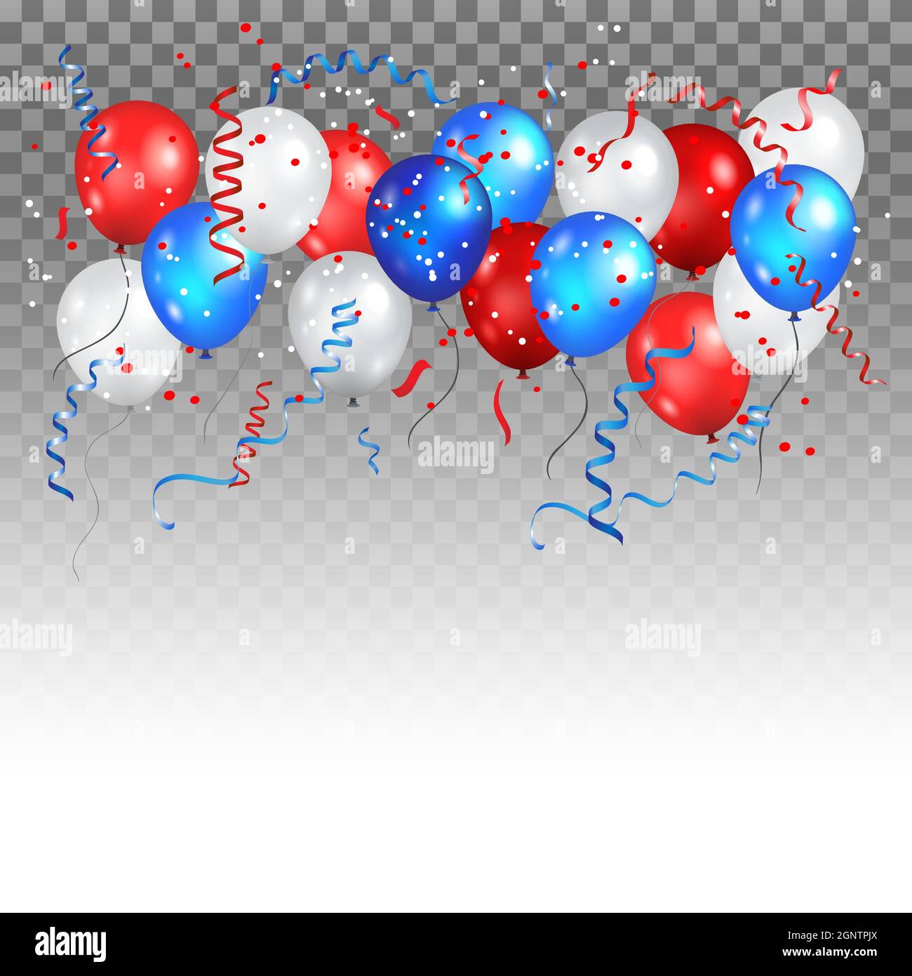 Bunte Urlaubsballons in traditionellen Farben - rot, weiß, blau. Festtagsballons auf transparentem Hintergrund. Stock Vektor