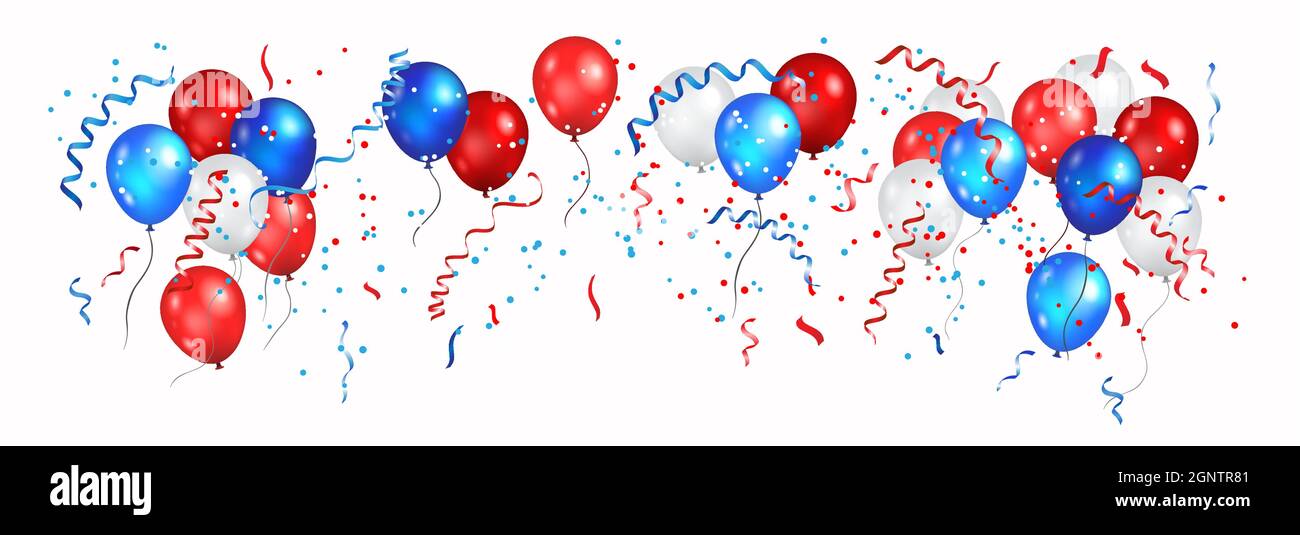 Farbe Urlaub Ballons in traditionellen Farben - rot, weiß, blau. Festtagsballons auf transparentem Banner. Stock Vektor