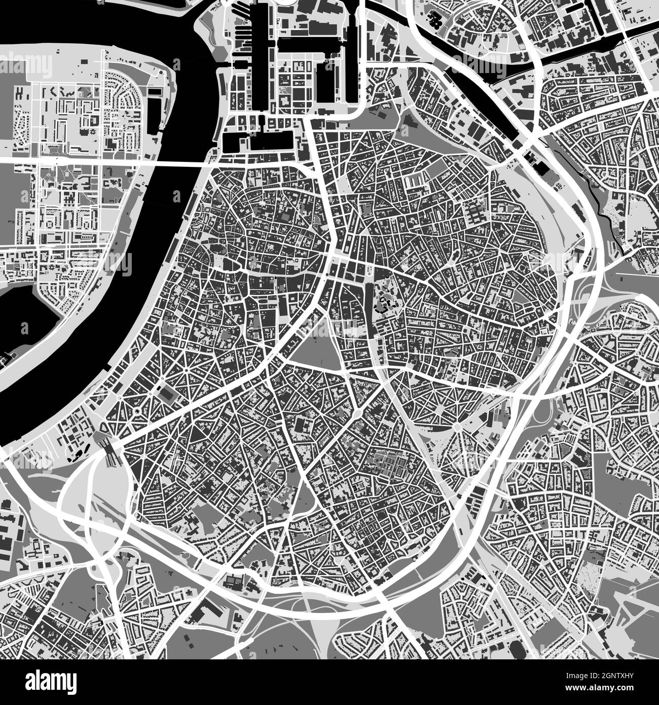 Stadtplan von Antwerpen. Vektorgrafik, Antwerpen Karte Graustufen Kunstposter. Straßenkarte mit Straßen, Ansicht der Metropolregion. Stock Vektor
