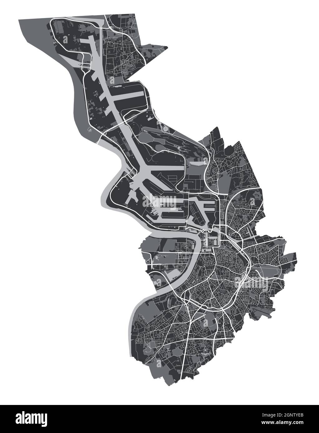 Karte von Antwerpen. Detaillierte Vektorkarte des Verwaltungsgebiets der Stadt Antwerpen. Blick auf das Stadtbild mit Postern und die Arie der Metropole. Schwarzes Land mit weißen Straßen, Straßen und Stock Vektor